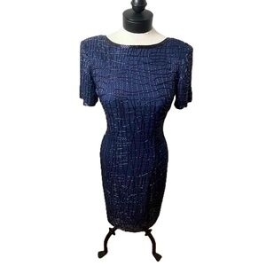 A.J. Bari Vintage Navy Blue Beaded‎ Shift Dress Size 8